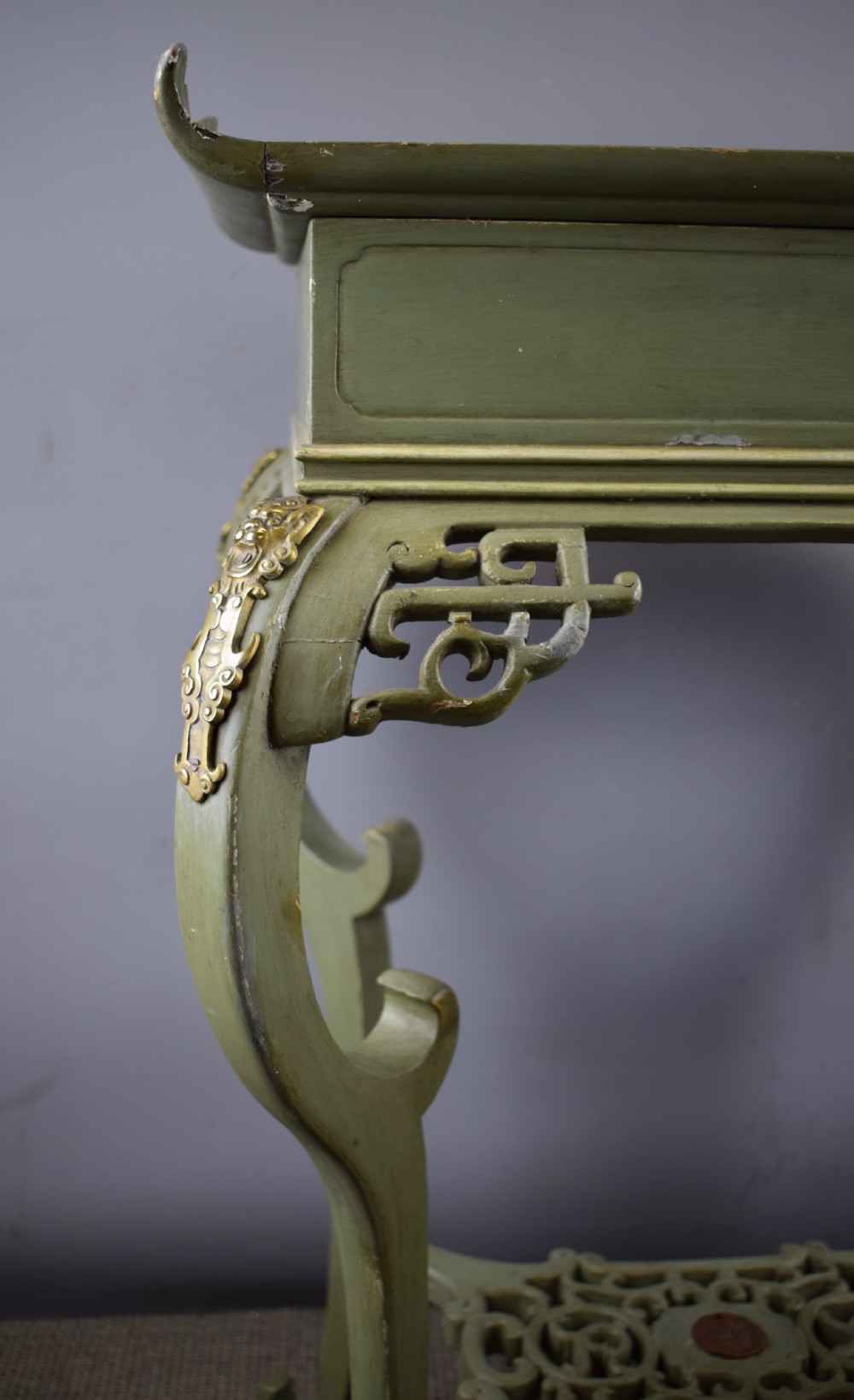 Green Painted Chinoiserie Pagoda Top Sewing / Side Table  View V