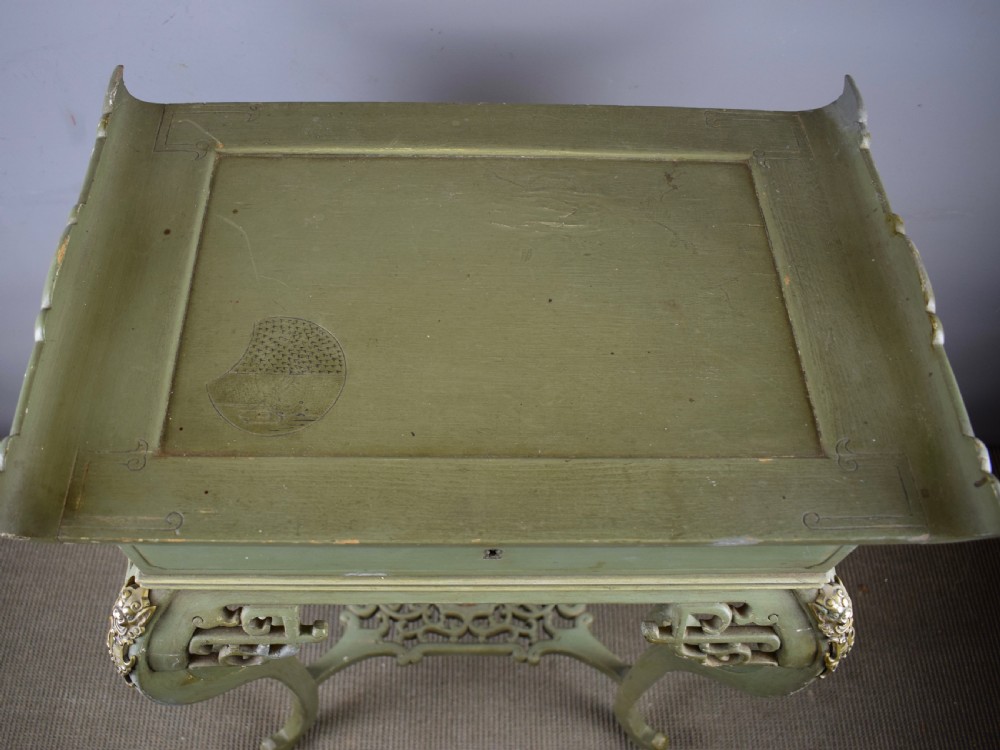Green Painted Chinoiserie Pagoda Top Sewing / Side Table  View VI