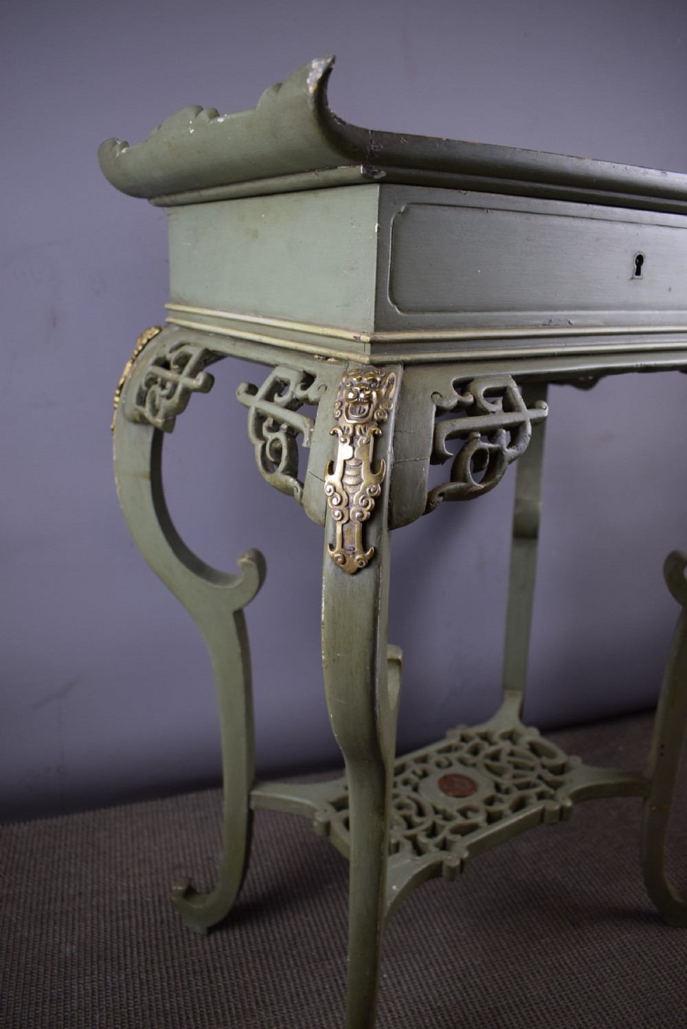 Green Painted Chinoiserie Pagoda Top Sewing / Side Table  View VIII
