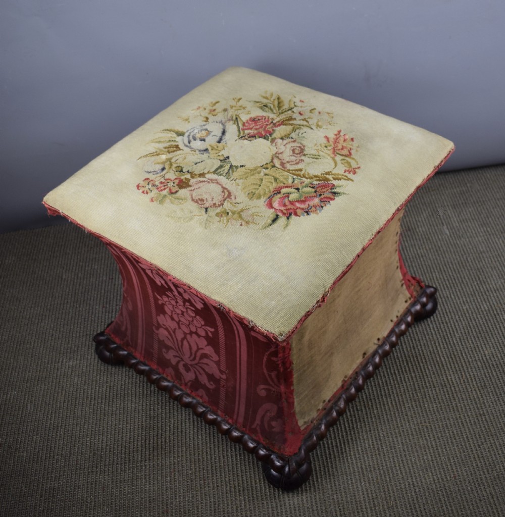 Early Victorian mahogany concave box stool with lift up lid View II