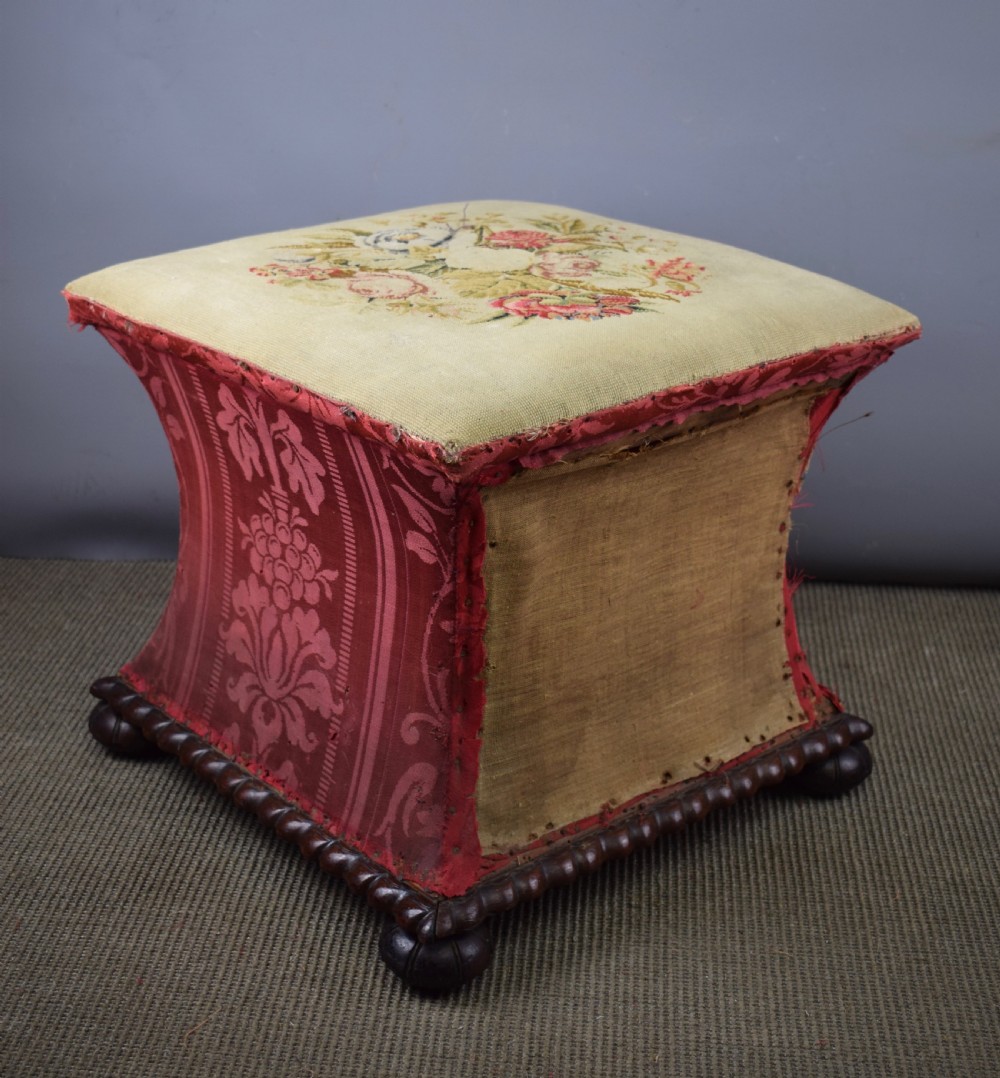 Early Victorian box shaped stool Ottoman with needlework seat and lift up lid