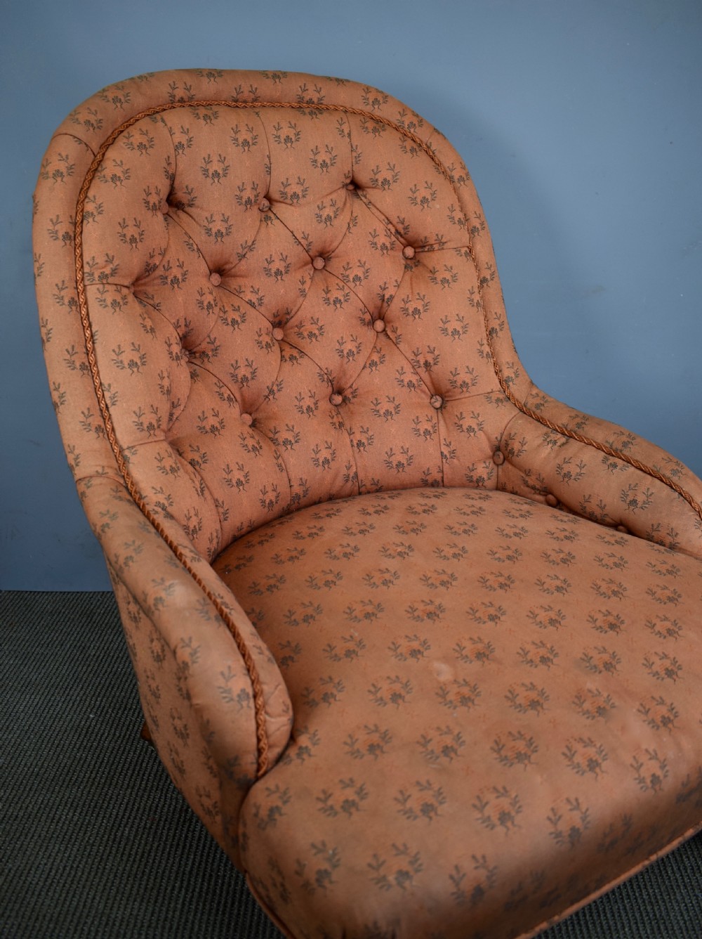 Antique button back armchair of small proportions with Cope & Collinson castors View IV