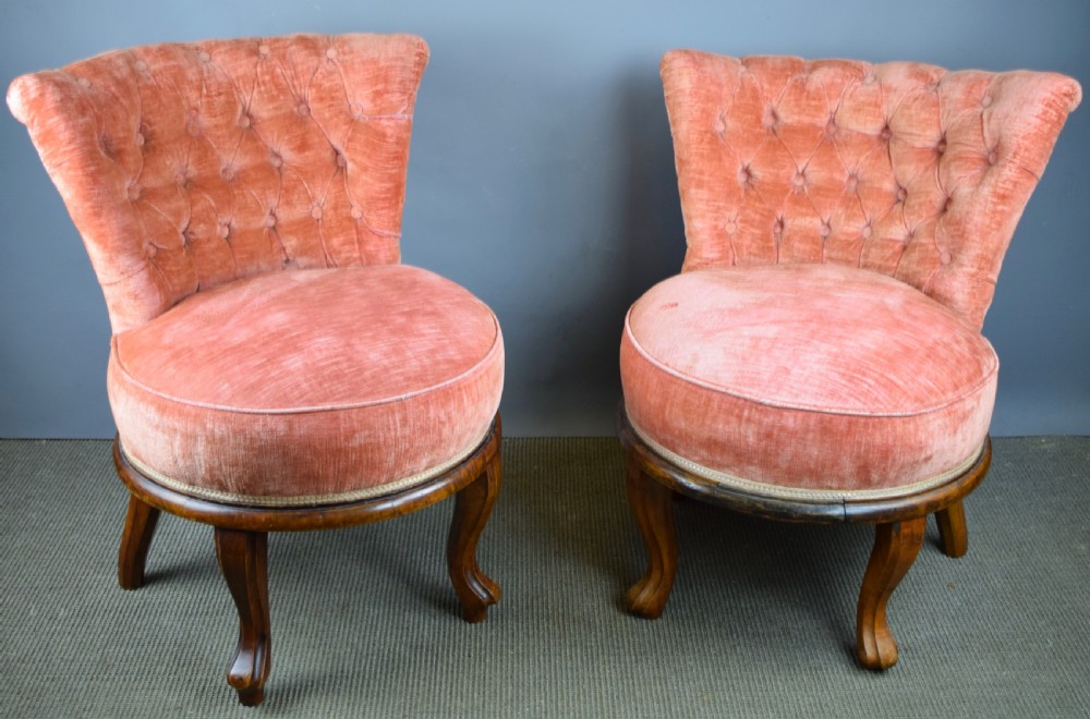 Pair of French button back pink velvet bedroom chairs View II