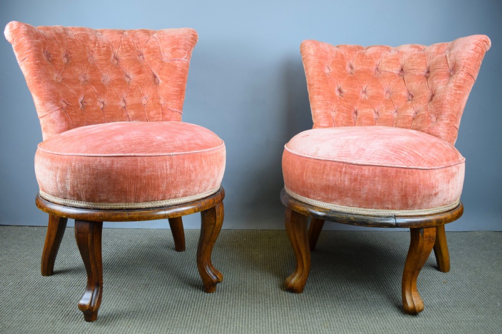 Pair of French button back pink velvet bedroom chairs View III