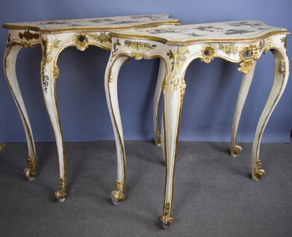 Pair of Italian Painted & Gilt Chinoiserie Console Tables in Rococo style View II