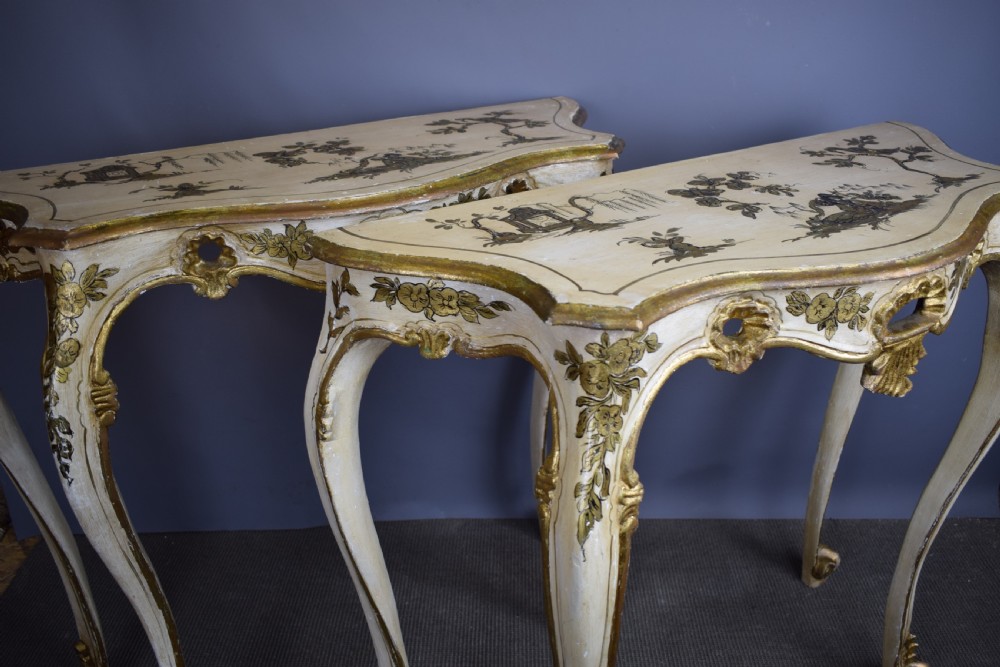 Pair of Italian Painted & Gilt Chinoiserie Console Tables in Rococo style View III