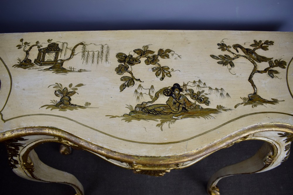 Pair of Italian Painted & Gilt Chinoiserie Console Tables in Rococo style View IV