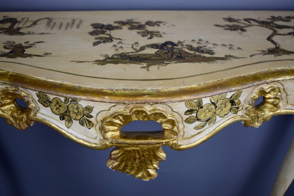 Pair of Italian Painted & Gilt Chinoiserie Console Tables in Rococo style View V