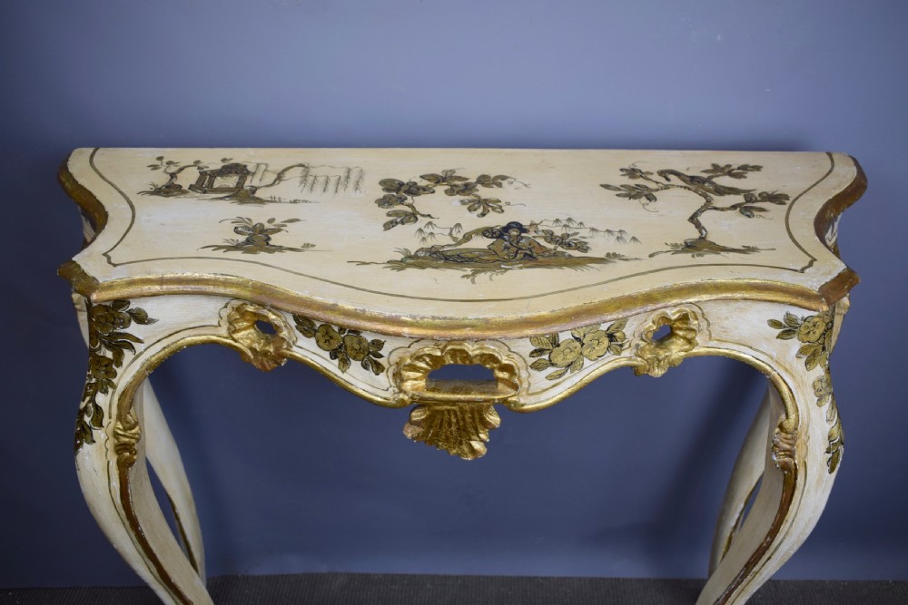 Pair of Italian Painted & Gilt Chinoiserie Console Tables in Rococo style View VI
