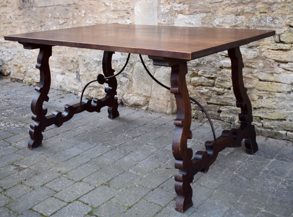 Spanish Trestle Dining Table with Iron Stretcher View III