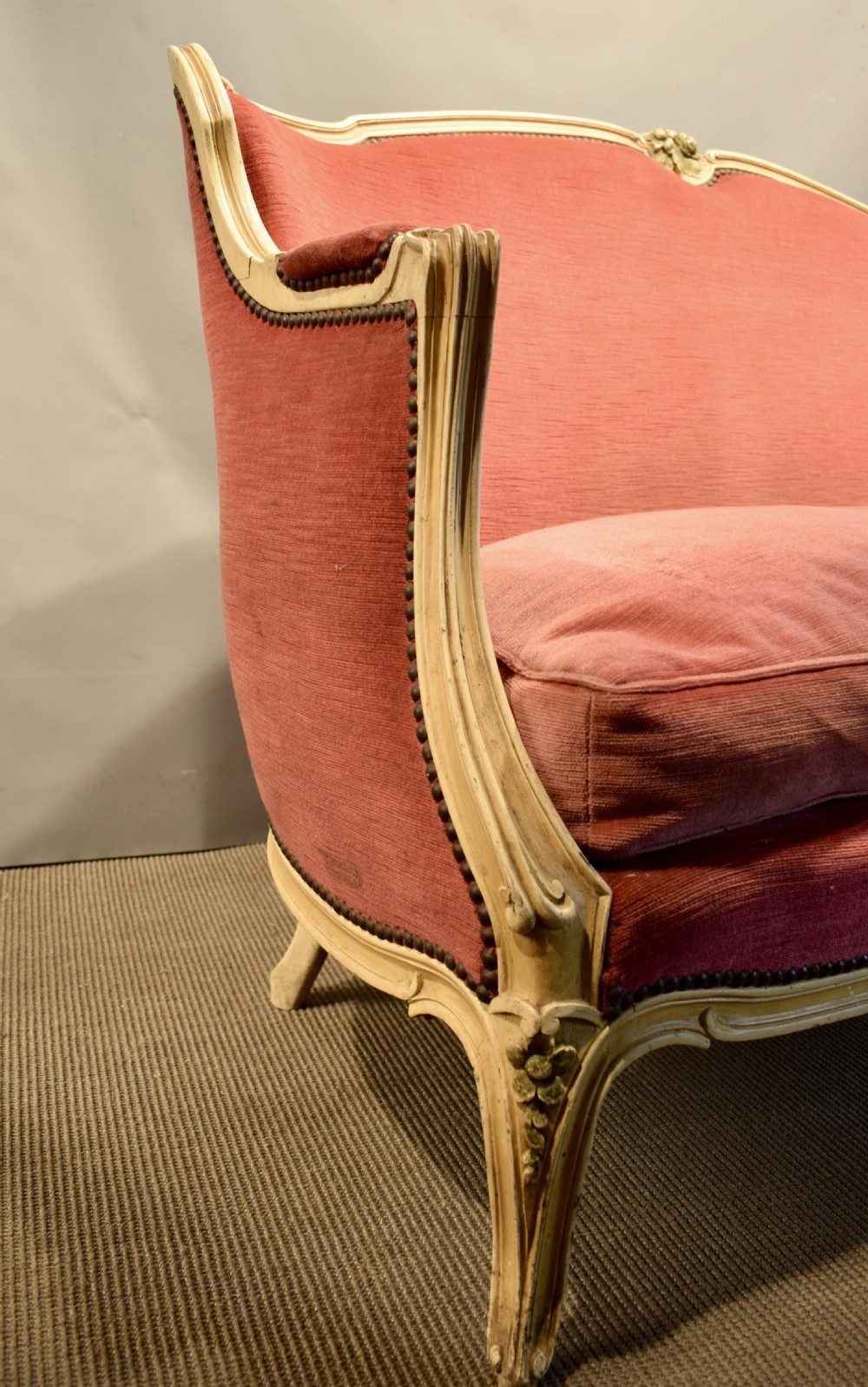 French Pink Velvet Upholstered Sofa in Louis XV Style View II