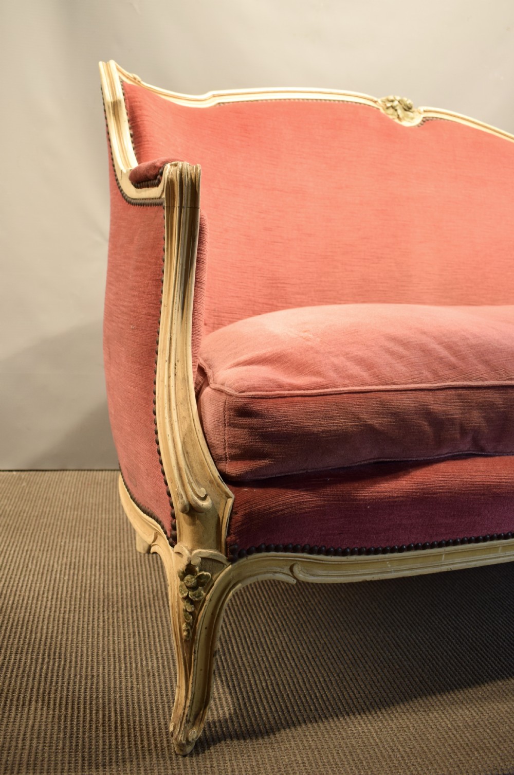 French Pink Velvet Upholstered Sofa in Louis XV Style View VI