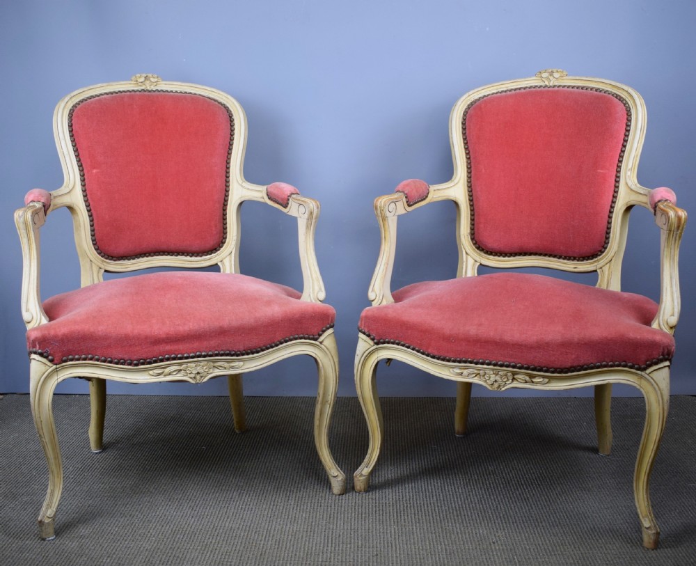 Pair of painted French Fauteuil Armchairs in Louis XV style with rose pink velvet upholstery View II