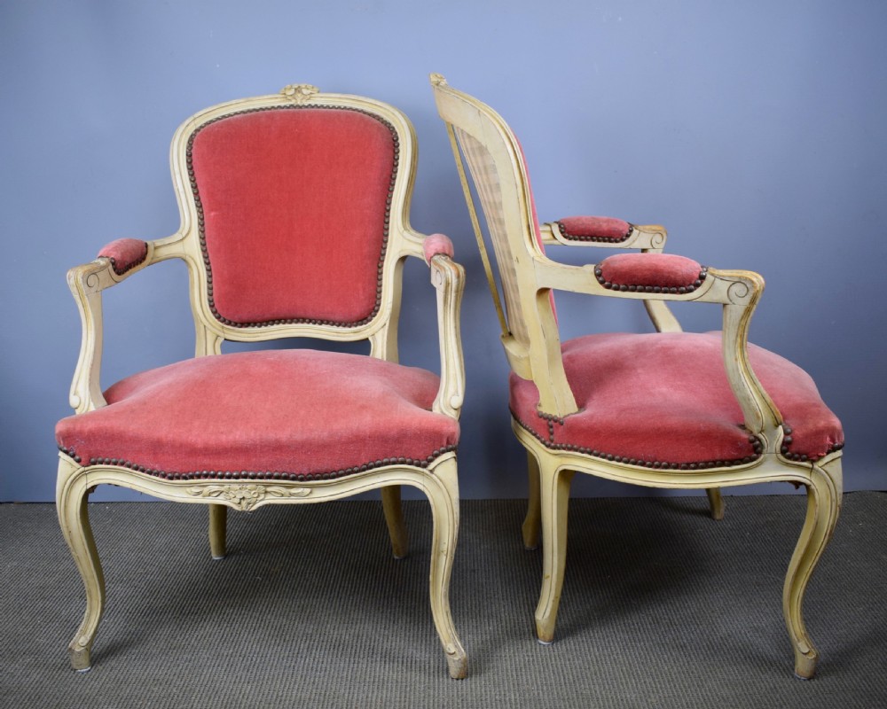 Pair of painted French Fauteuil Armchairs in Louis XV style with rose pink velvet upholstery View III