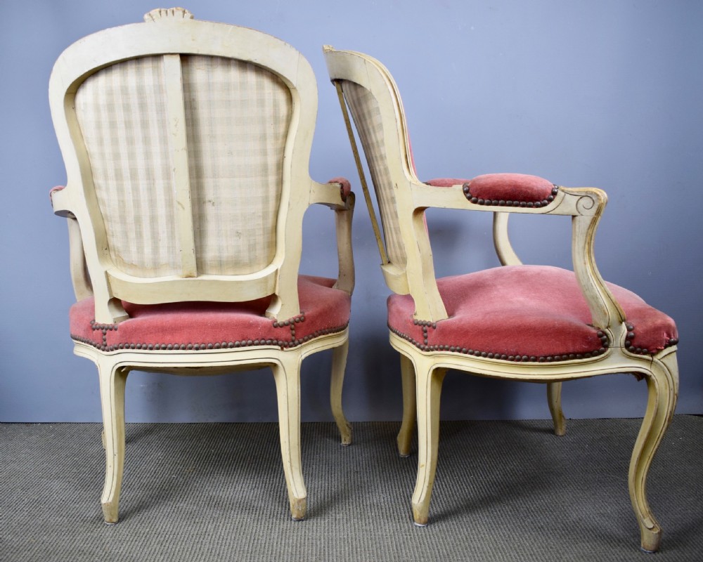 Pair of painted French Fauteuil Armchairs in Louis XV style with rose pink velvet upholstery View IV