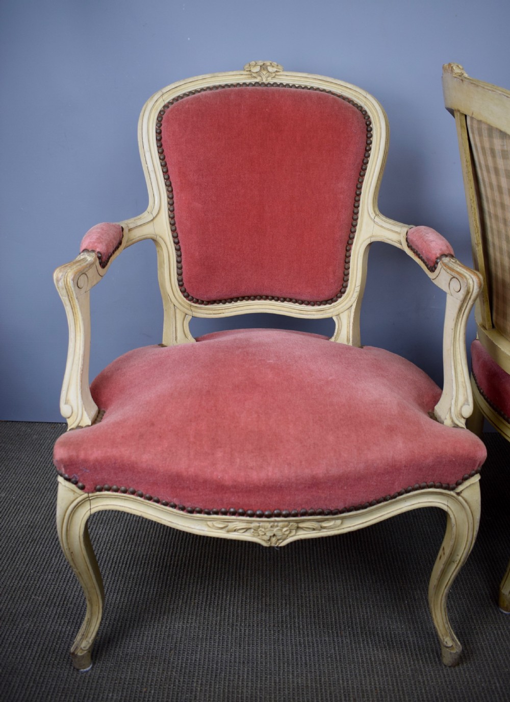 Pair of painted French Fauteuil Armchairs in Louis XV style with rose pink velvet upholstery View V