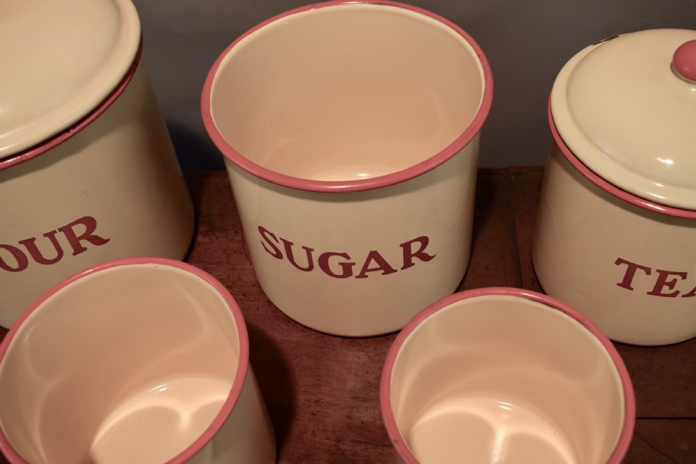 Set of five vintage enamel kitchen storage canisters View II
