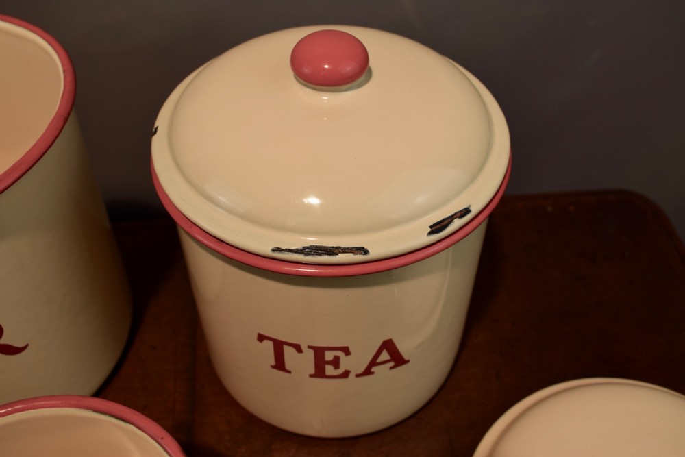 Set of five vintage enamel kitchen storage canisters View III