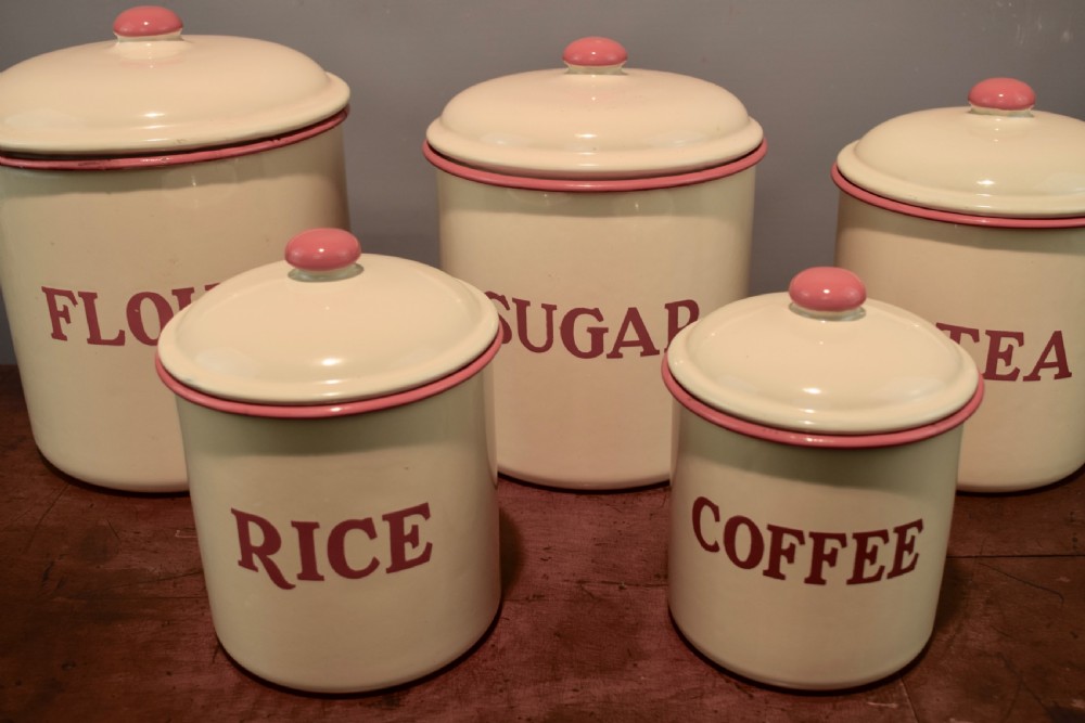 Set of five vintage enamel kitchen storage canisters View IV