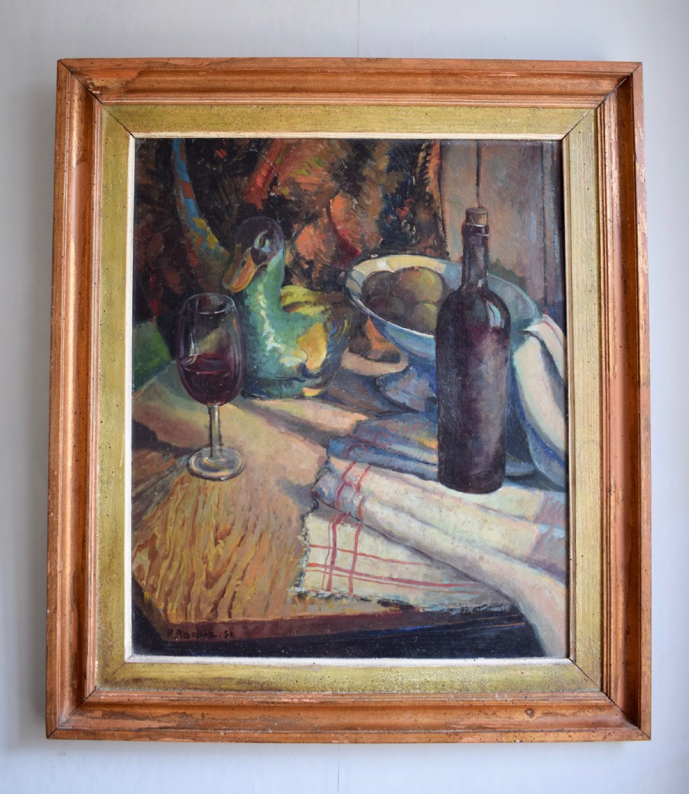 French Still Life Oil Painting Signed R. Roque '51