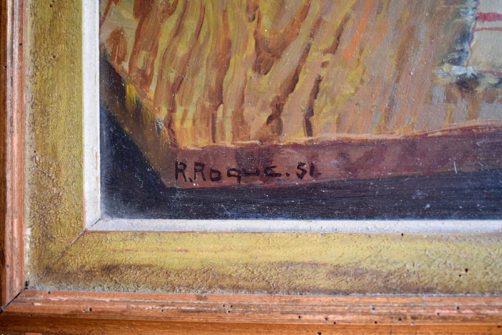 French Still Life Oil Painting Signed R. Roque '51 View II