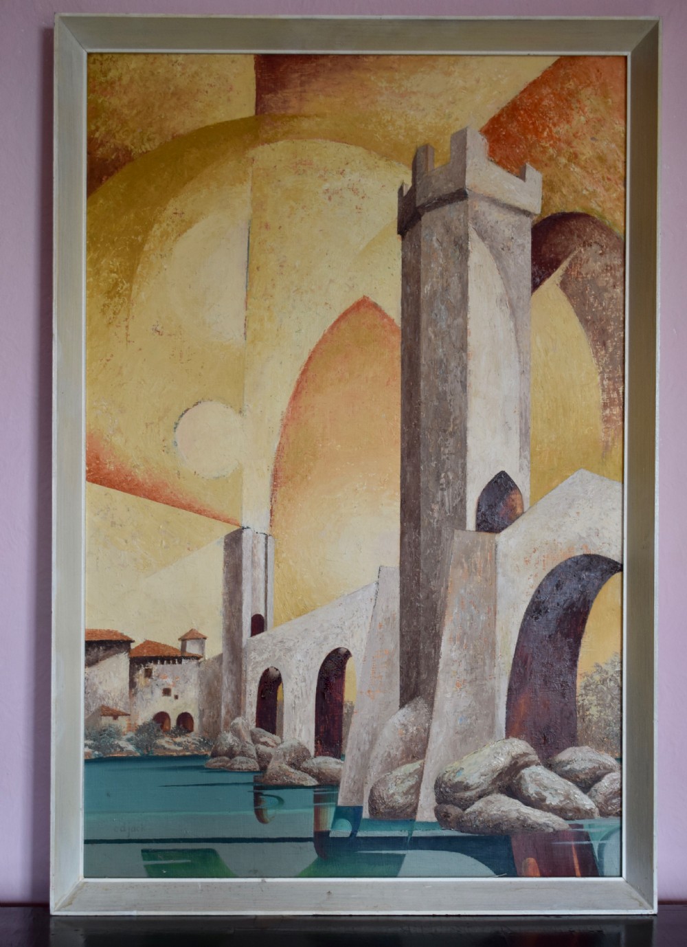 Surreal oil on board of Besalu Bridge, Girona by C.D. Jack