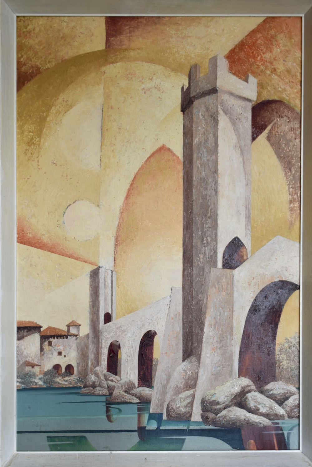Surreal oil on board of Besalu Bridge, Girona by C.D. Jack View II