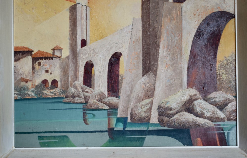 Surreal oil on board of Besalu Bridge, Girona by C.D. Jack View IV