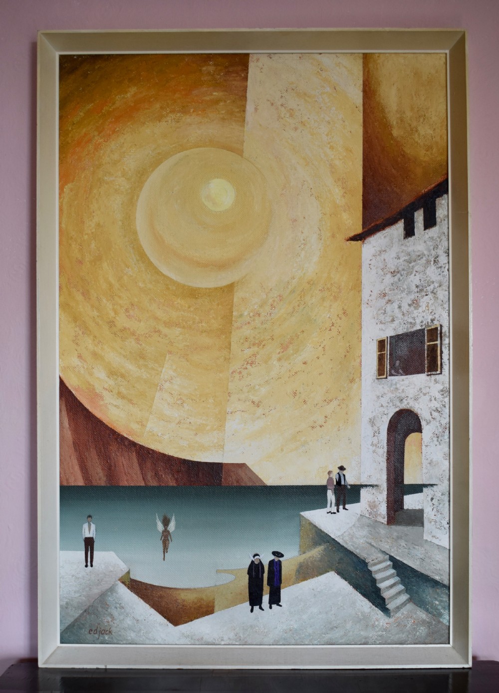 Below the Pyrenees, a Surreal oil on board by C.D. Jack
