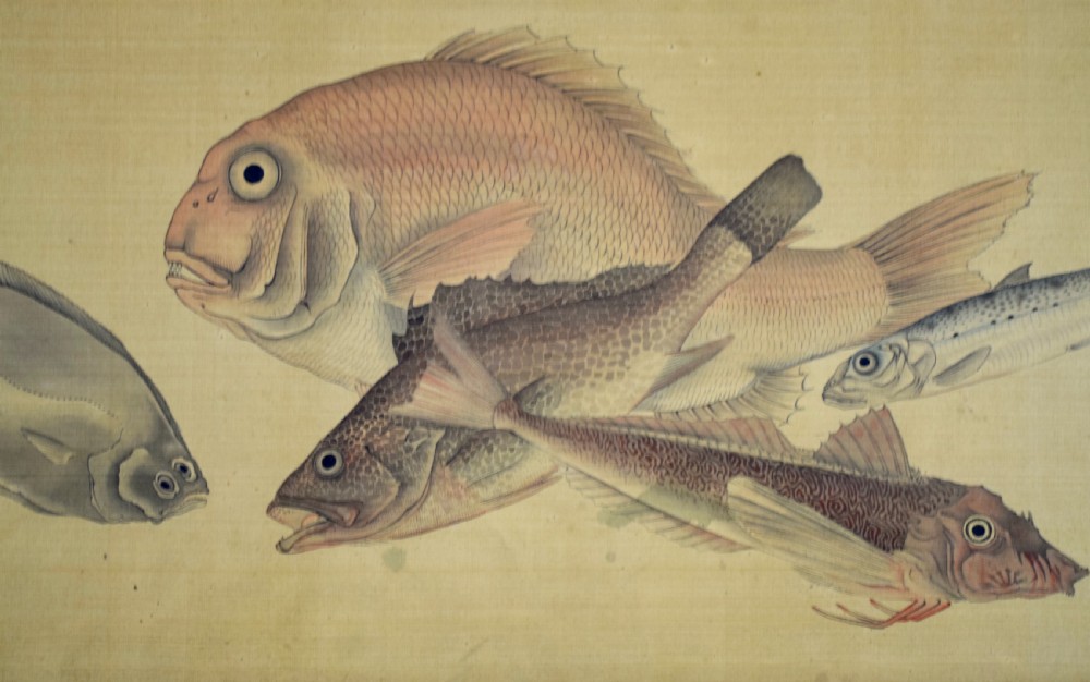 Japanese watercolour on silk of fish circa 1920 View V