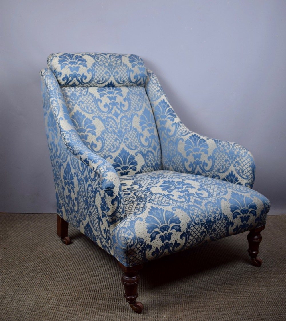 Antique Victorian Armchair upholstered in Blue Damask