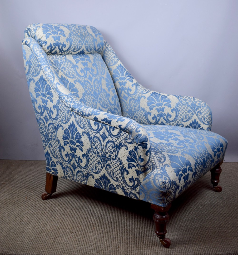 Antique Victorian Armchair upholstered in Blue Damask View II
