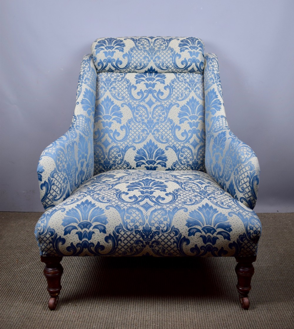 Antique Victorian Armchair upholstered in Blue Damask View III