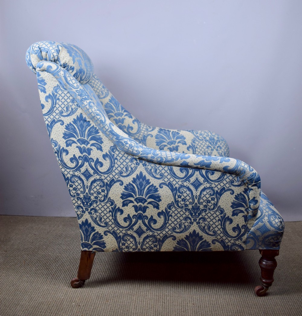 Antique Victorian Armchair upholstered in Blue Damask View IV