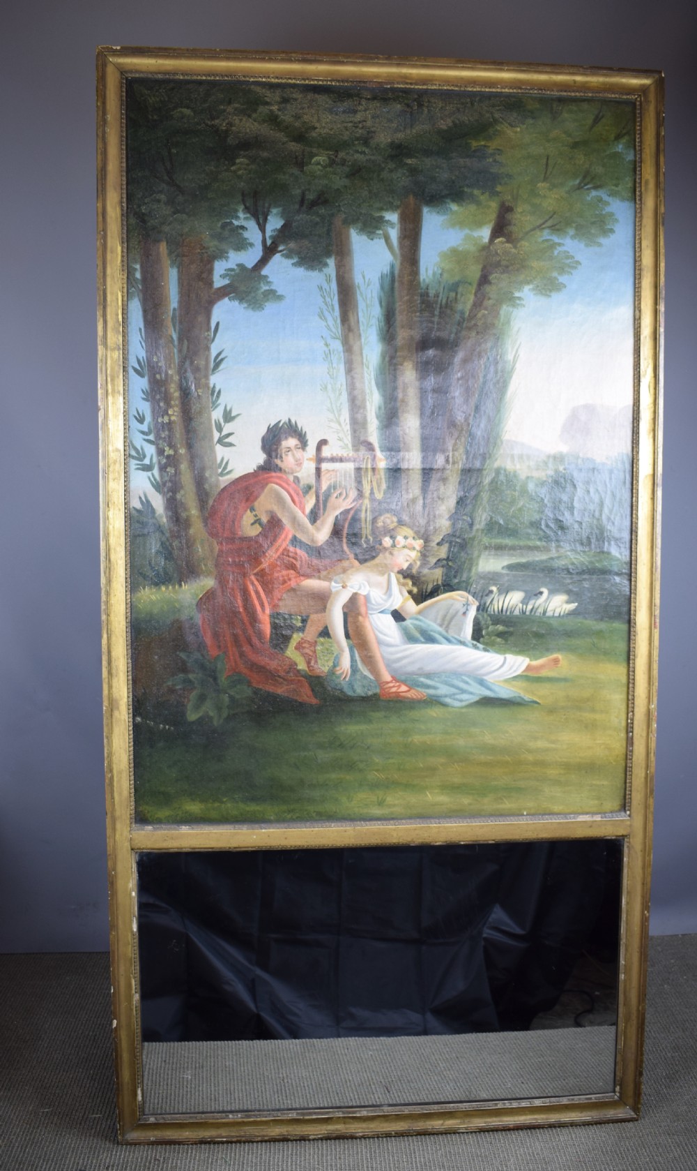 French Trumeau overmantel mirror with painted classical scene