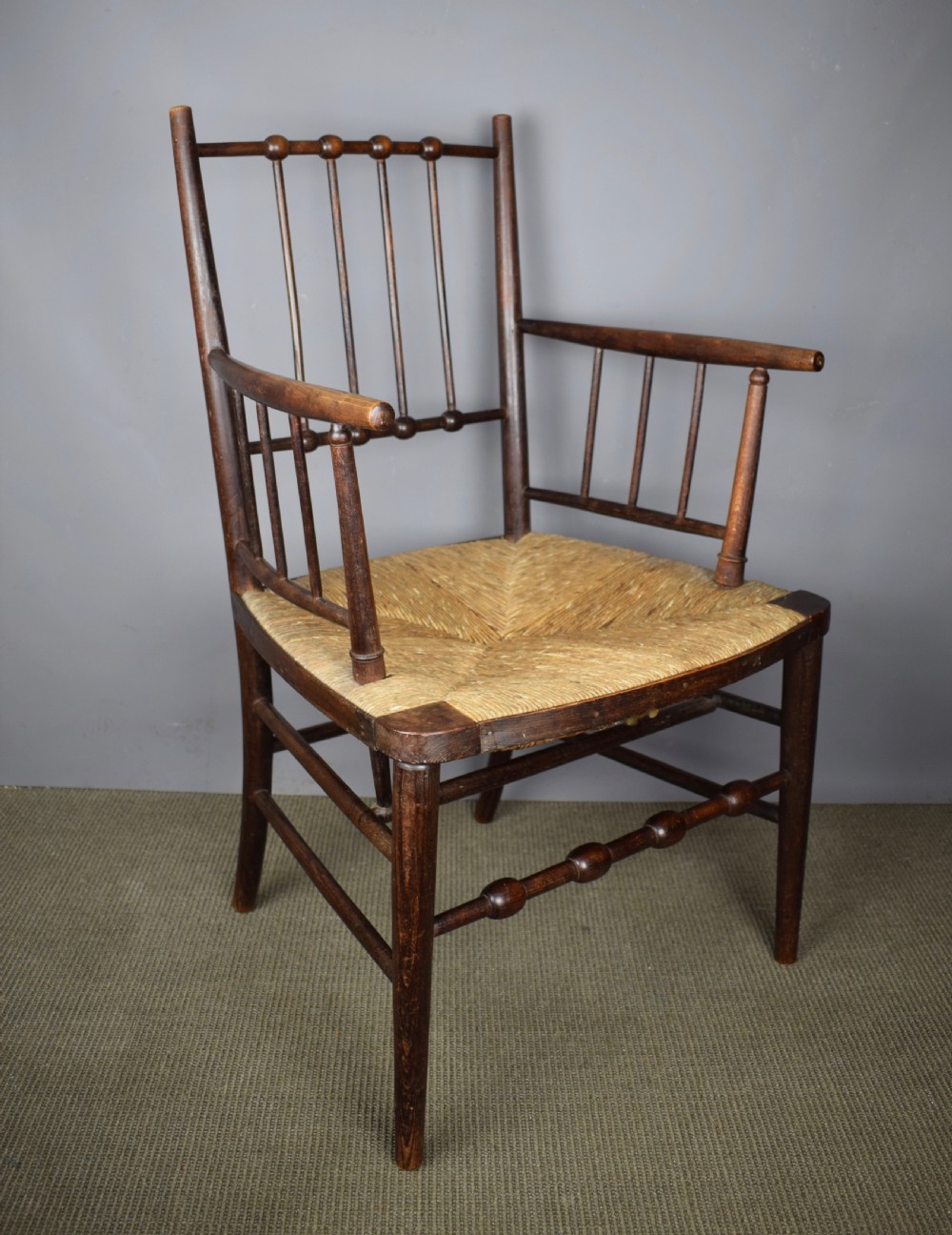 Arts & Crafts Sussex chair with bobbin turner back and rush seat View II