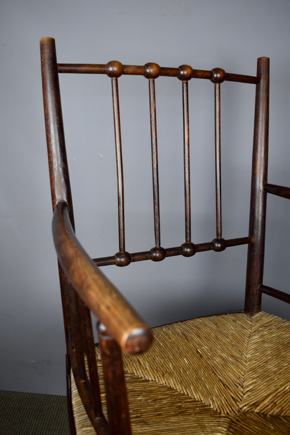 Arts & Crafts Sussex chair with bobbin turner back and rush seat View VI