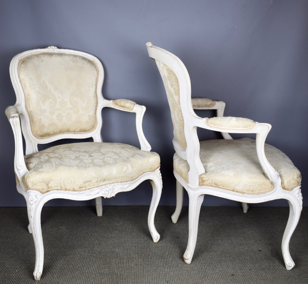 Pair of French Louis XV style fauteuils armchairs in original paint View II
