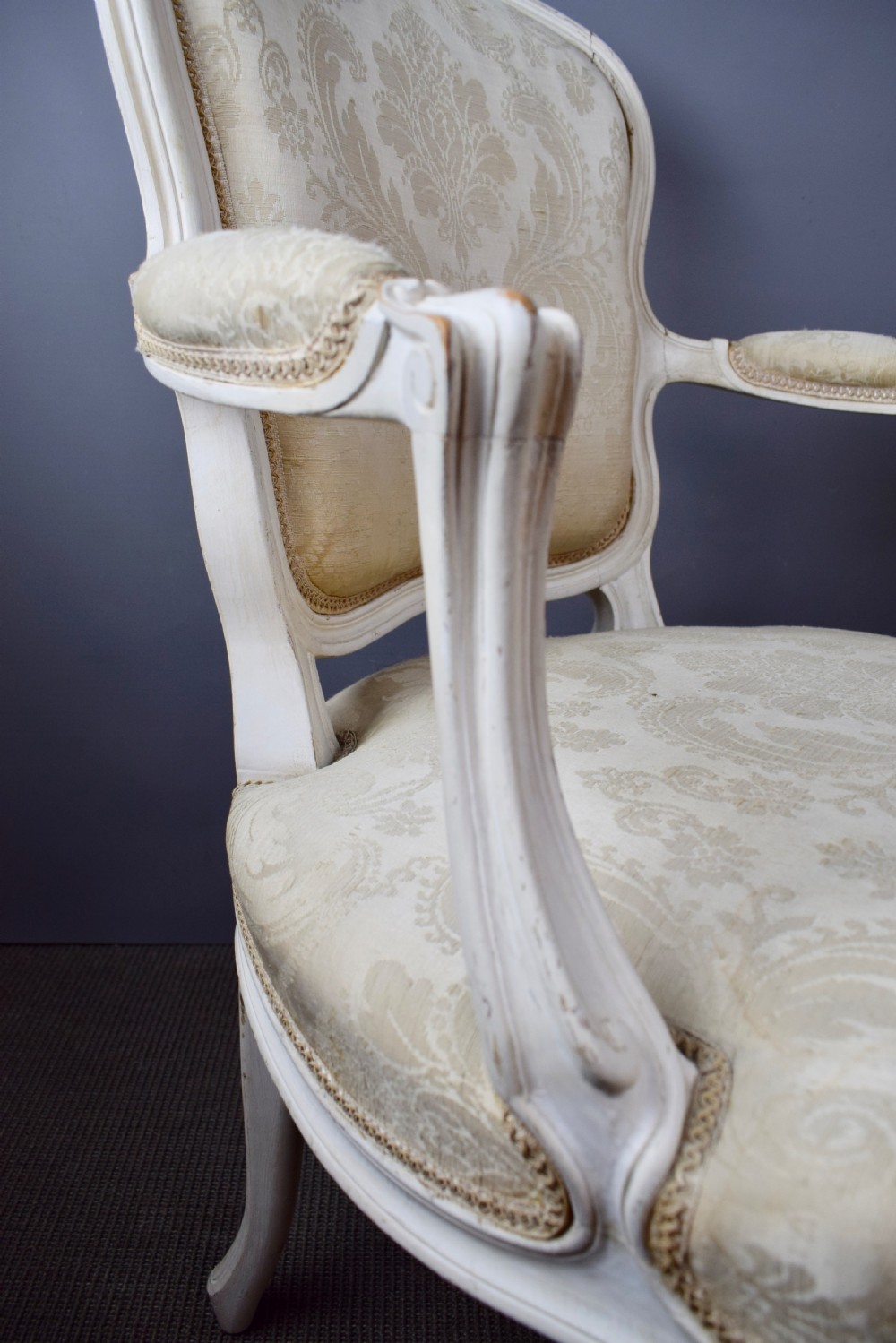 Pair of French Louis XV style fauteuils armchairs in original paint View V