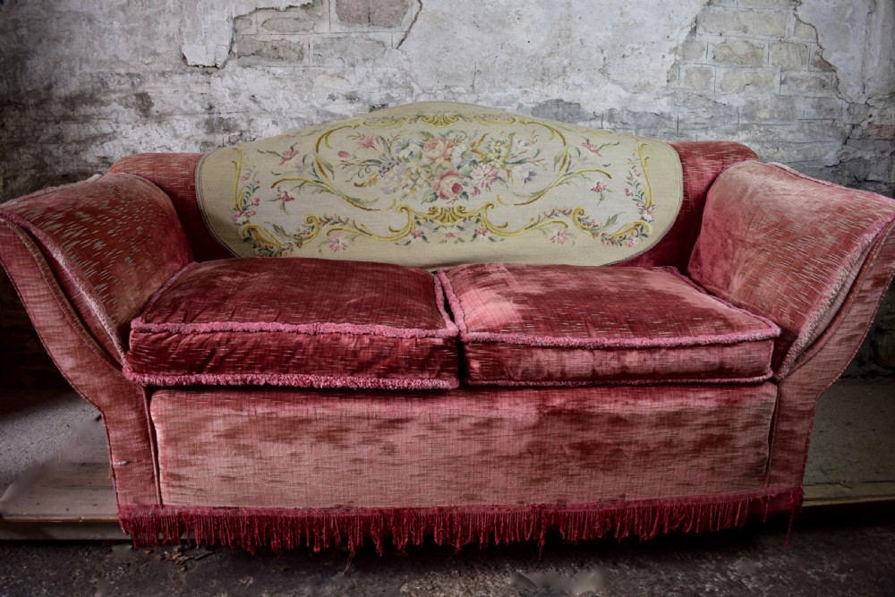 Antique Edwardian Raspberry Pink Velvet Sofa with Needlework Back