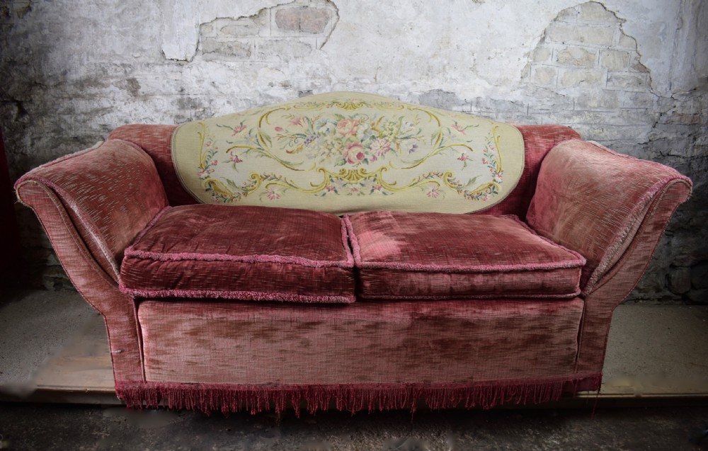 Antique Edwardian Raspberry Pink Velvet Sofa with Needlework Back View II