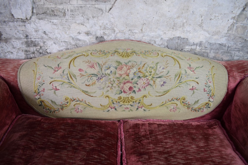 Antique Edwardian Raspberry Pink Velvet Sofa with Needlework Back View III