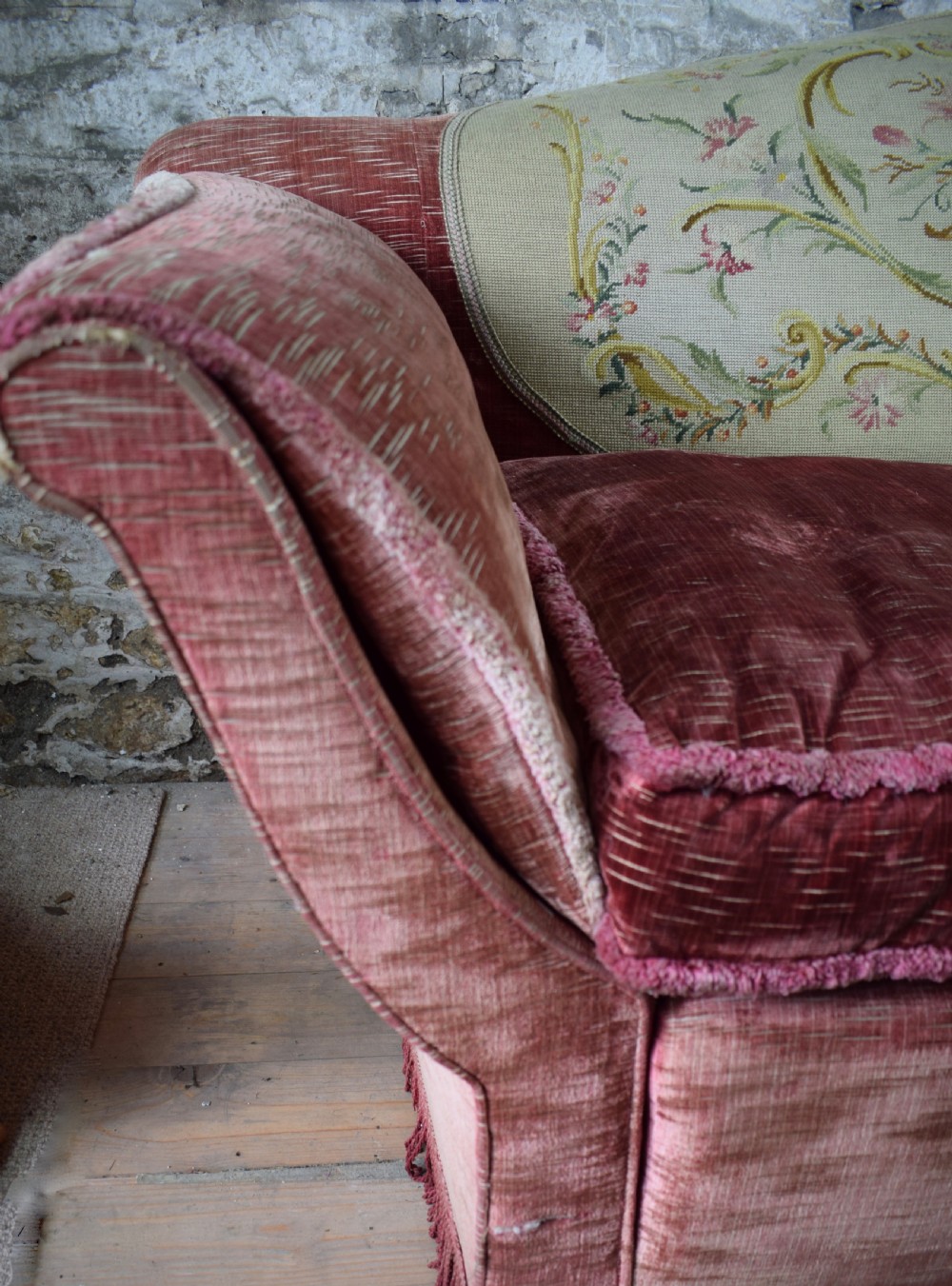 Antique Edwardian Raspberry Pink Velvet Sofa with Needlework Back View IV