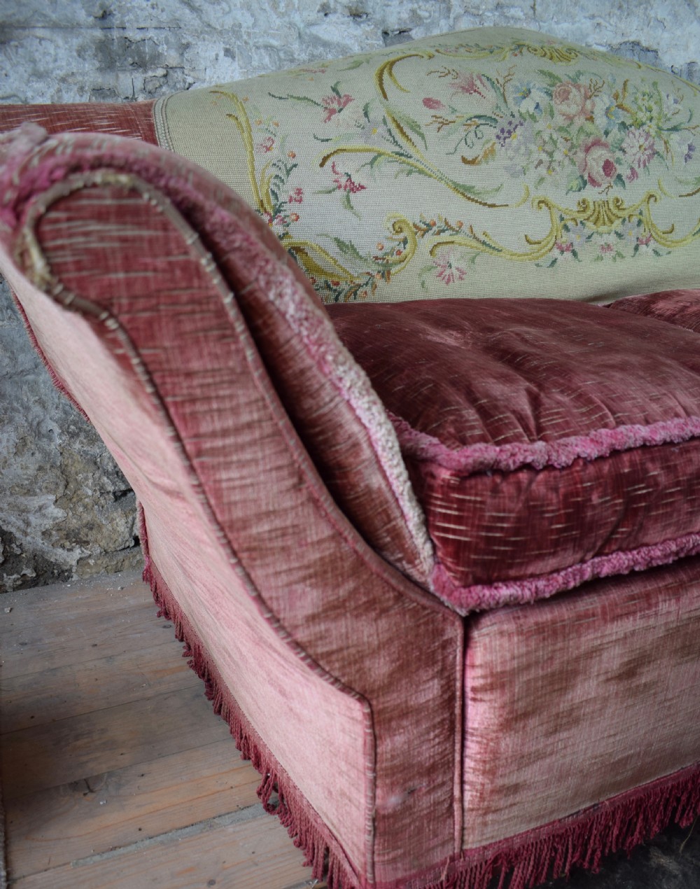 Antique Edwardian Raspberry Pink Velvet Sofa with Needlework Back View V