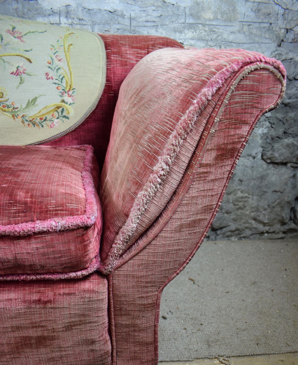 Antique Edwardian Raspberry Pink Velvet Sofa with Needlework Back View VI