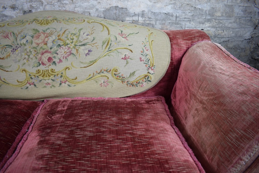 Antique Edwardian Raspberry Pink Velvet Sofa with Needlework Back View VII