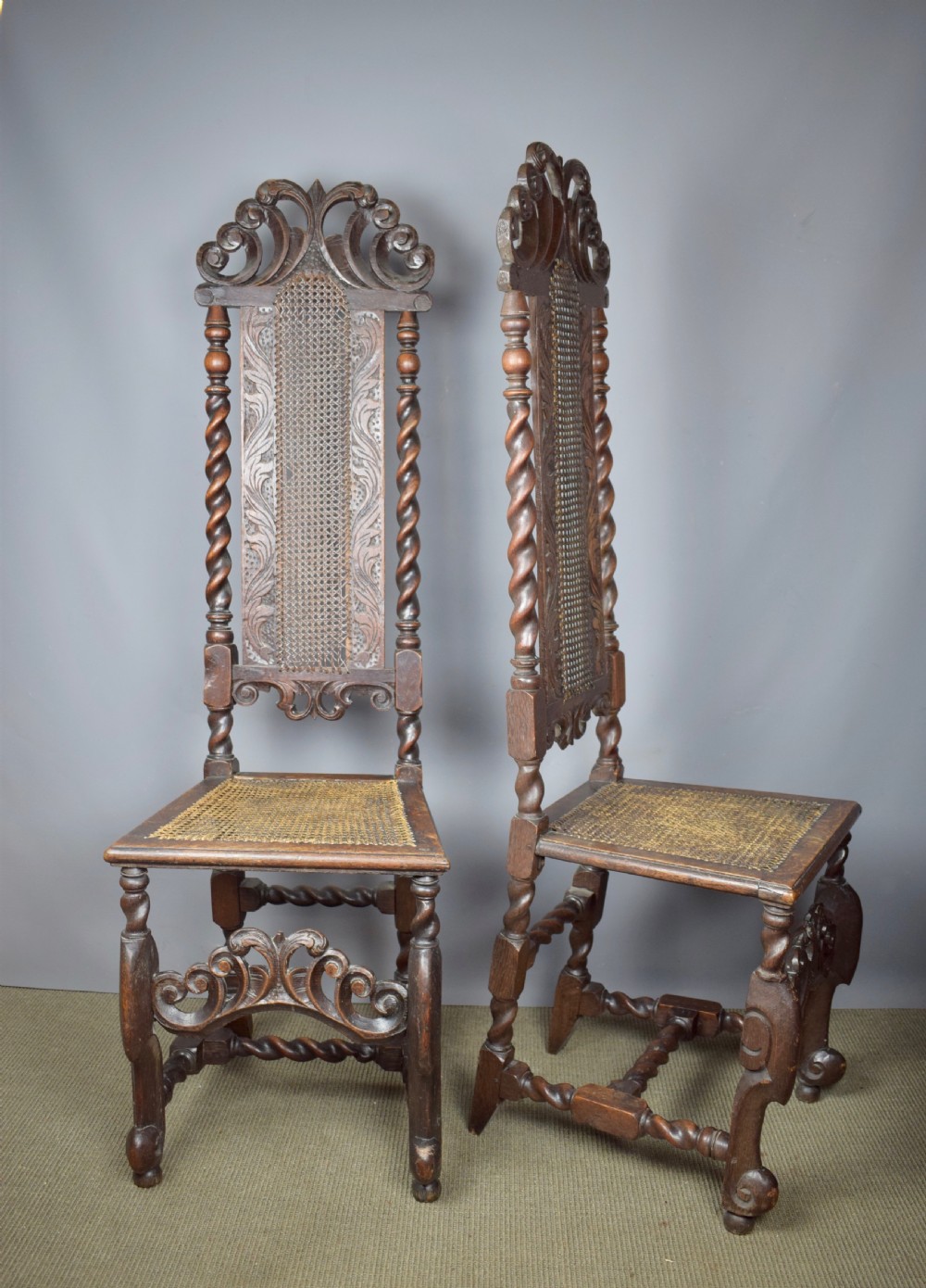 Pair of William & Mary cane high back chairs with barley twist supports