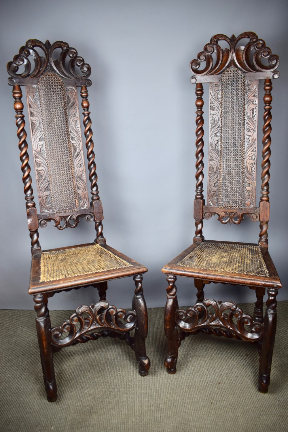 Pair of William & Mary cane high back chairs with barley twist supports View II