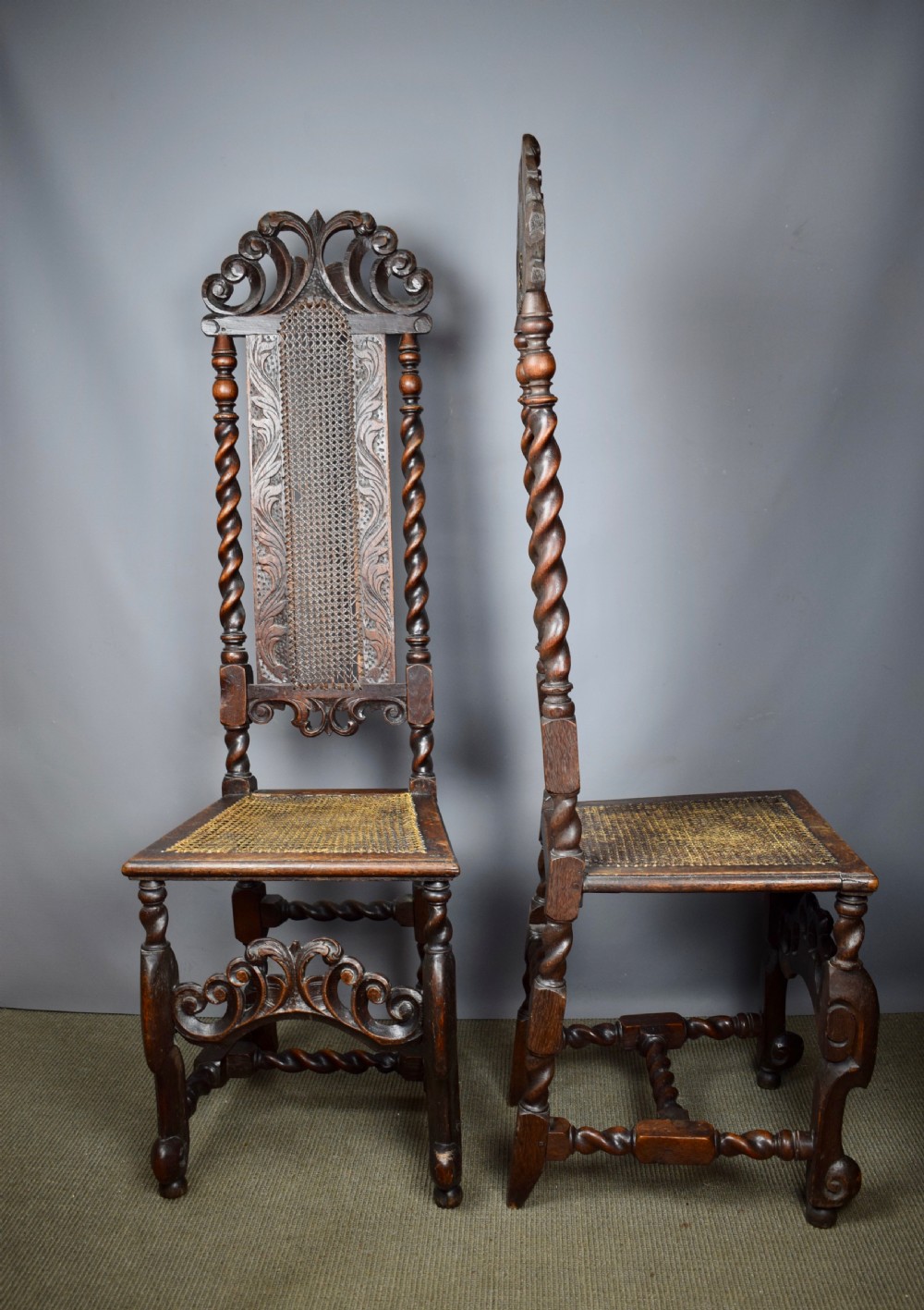 Pair of William & Mary cane high back chairs with barley twist supports View III
