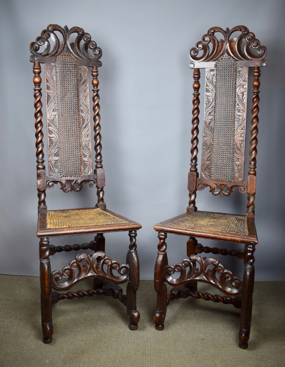 Pair of William & Mary cane high back chairs with barley twist supports View IV